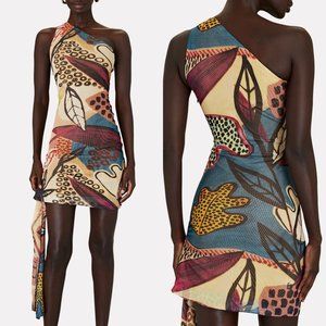 NEW Alexis Philia Draped One Shoulder Printed Mesh Mini Dress in Desert Medium